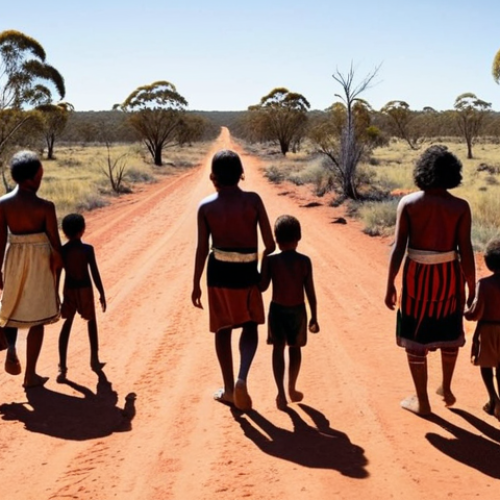 Home 11 **A poignant scene depicting the "Stolen Generations" in Australia. Show Aboriginal children being separated from their families by government officials. The color palette should evoke a sense of loss and trauma. In the background, depict the vast Australian outback, symbolizing the land and culture being taken away. This image should powerfully convey the historical injustices suffered by the Aboriginal people.**