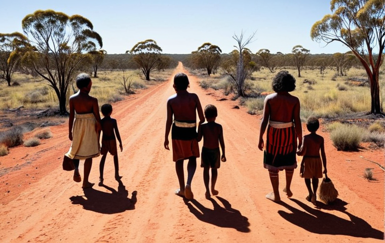 **A poignant scene depicting the "Stolen Generations" in Australia. Show Aboriginal children being separated from their families by government officials. The color palette should evoke a sense of loss and trauma. In the background, depict the vast Australian outback, symbolizing the land and culture being taken away. This image should powerfully convey the historical injustices suffered by the Aboriginal people.**