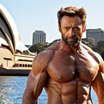 **Prompt:** Hugh Jackman in his iconic Wolverine pose from "X-Men," claws extended, with the Sydney Opera House subtly visible in the background, bathed in warm Australian sunlight. Focus on the intense expression and muscular physique, capturing the essence of the character's raw power.