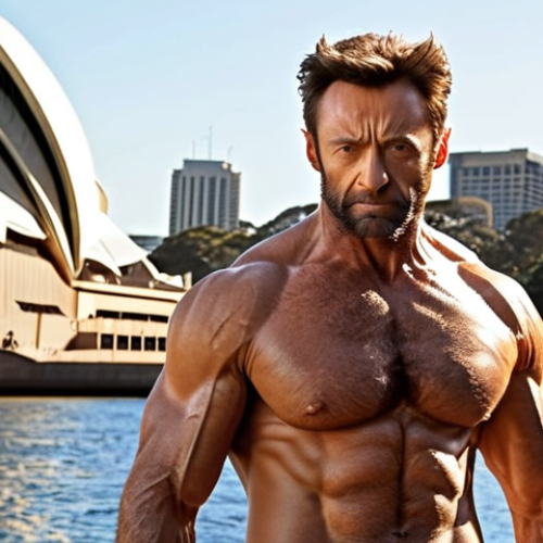 Home 6 **Prompt:** Hugh Jackman in his iconic Wolverine pose from "X-Men," claws extended, with the Sydney Opera House subtly visible in the background, bathed in warm Australian sunlight. Focus on the intense expression and muscular physique, capturing the essence of the character's raw power.