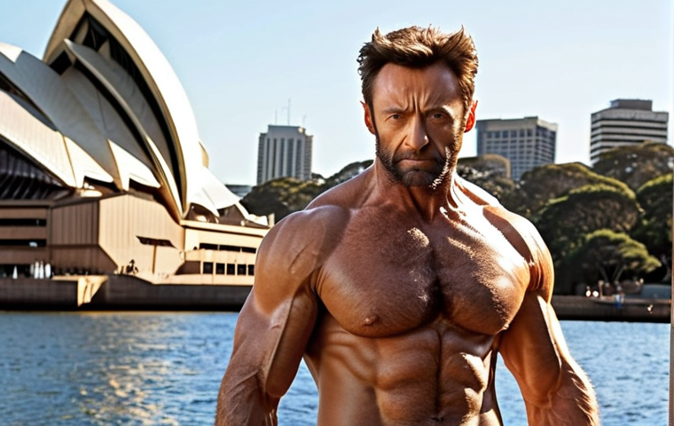 **Prompt:** Hugh Jackman in his iconic Wolverine pose from "X-Men," claws extended, with the Sydney Opera House subtly visible in the background, bathed in warm Australian sunlight. Focus on the intense expression and muscular physique, capturing the essence of the character's raw power.